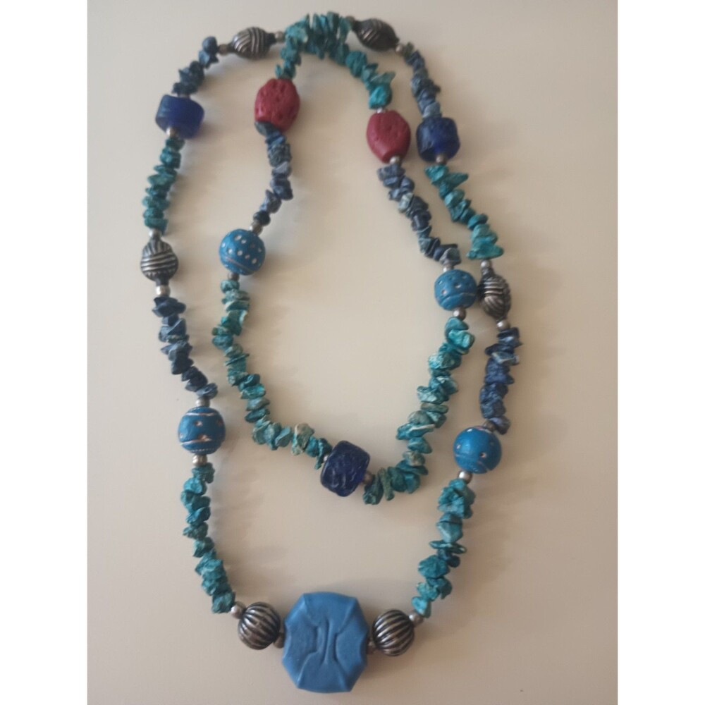 Long Handmade Turquoise Blue Stone Chip Beaded Necklace 38” No Clasp Boho